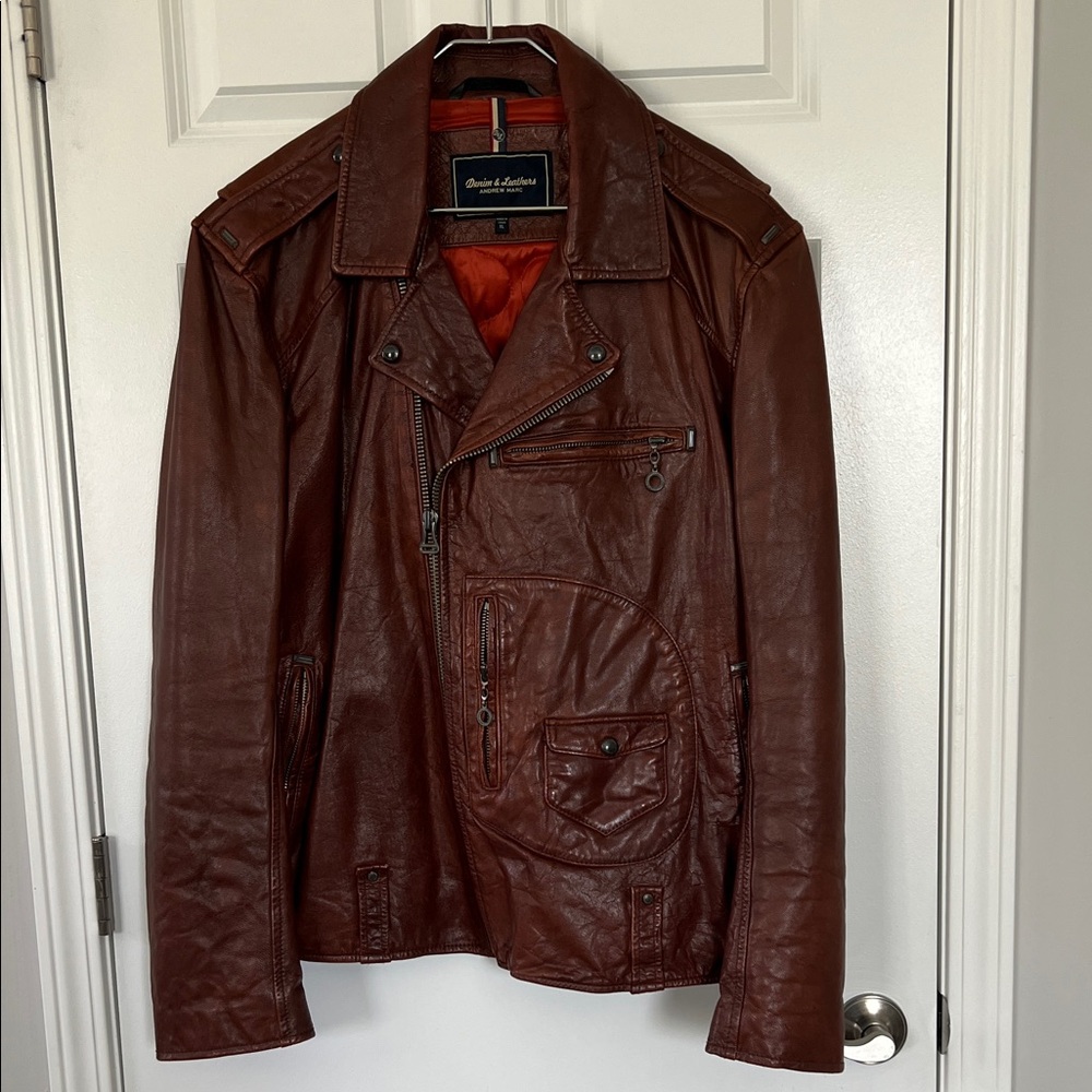 Andrew Marc Denim & Leathers Brown Leather Moto Inspired Bomber Jacket - Size XL